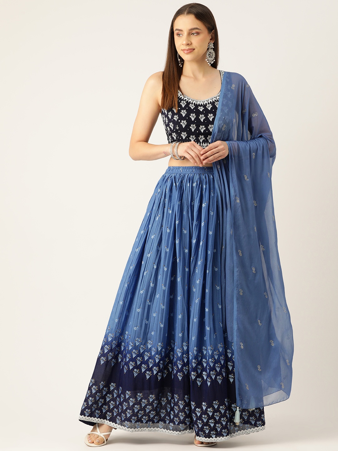 

Rue Collection Embroidered Sequinned Ready to Wear Lehenga & Blouse With Dupatta, Navy blue