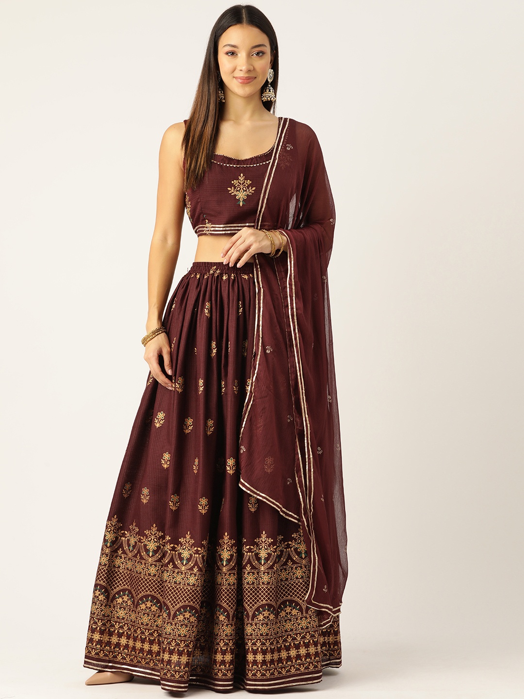 

Rue Collection Printed Ready to Wear Lehenga & Blouse With Dupatta, Brown