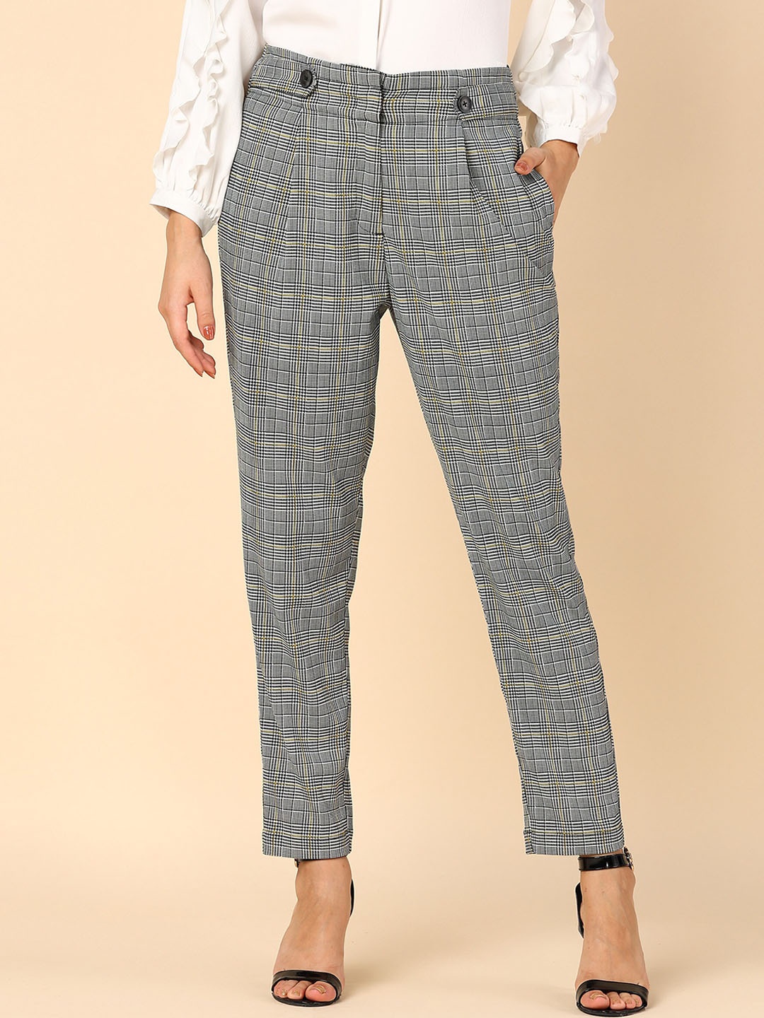 

Mast & Harbour Women Grey Smart Checked Slim Fit High-Rise Pleated Trousers