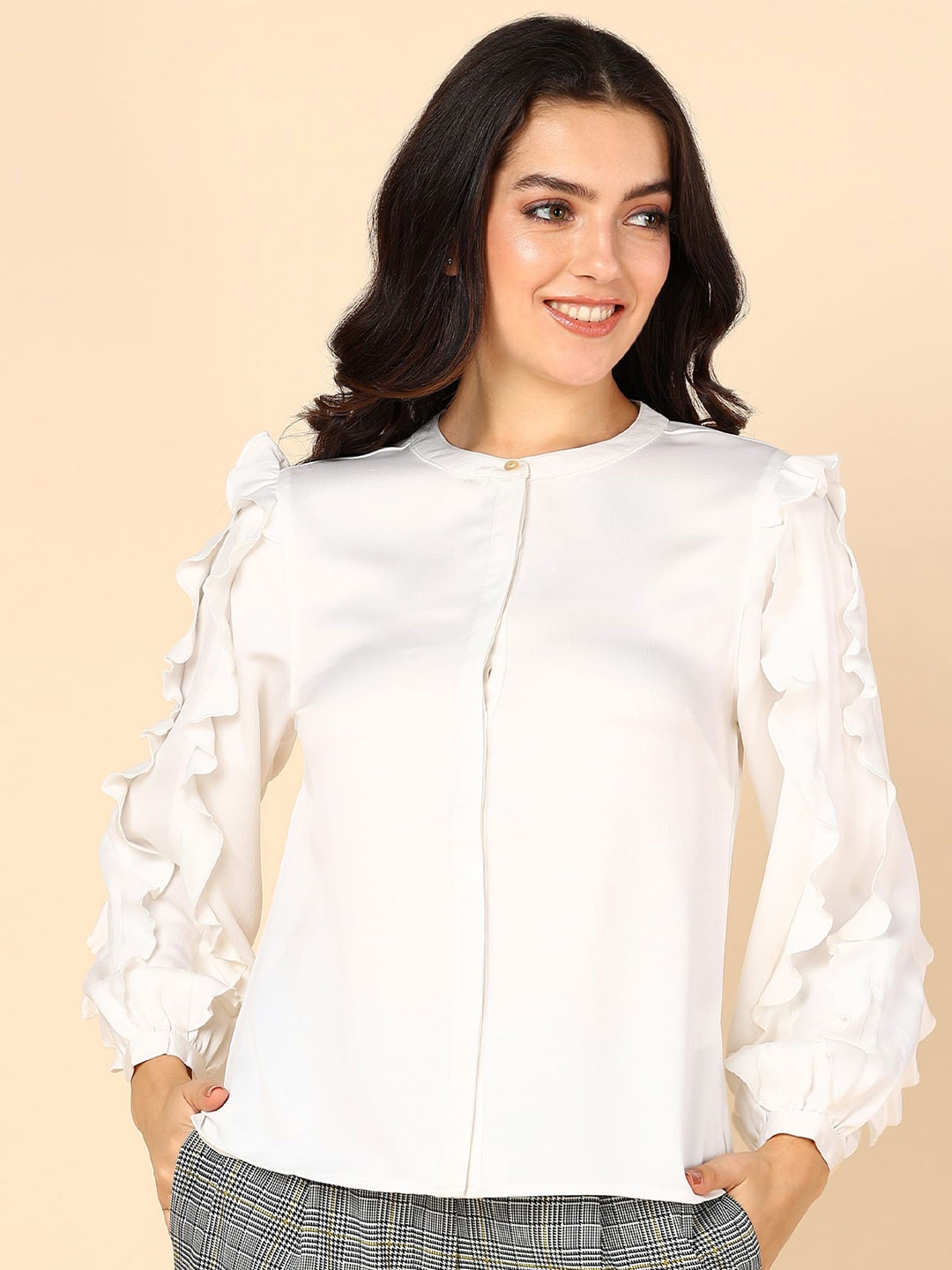 

Mast & Harbour Band Collar Cuffed Sleeves Ruffles Shirt Style Top, Off white
