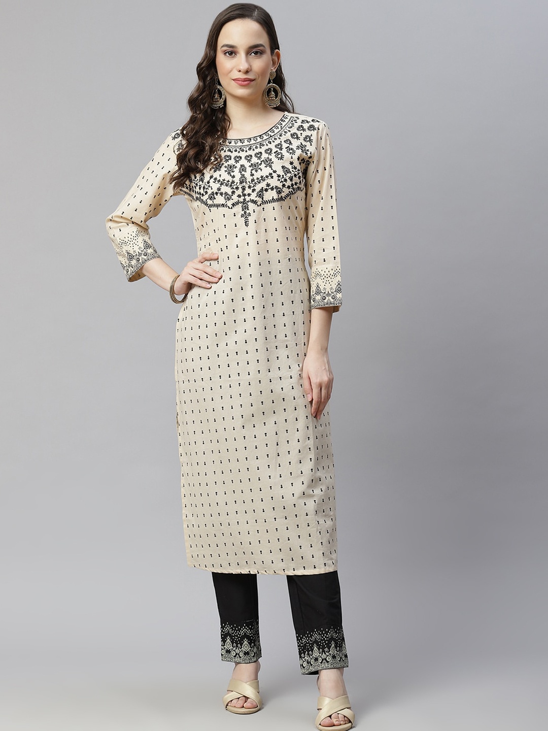 

Hatheli Ethnic Motifs Embroidered Cotton Straight Kurta, Beige