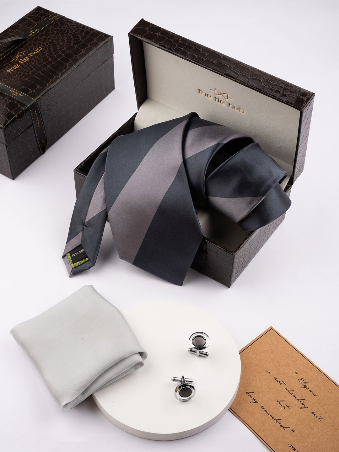 

The Tie Hub Men Striped Tie with Pocket Square & Cufflinks Gift Set, Grey