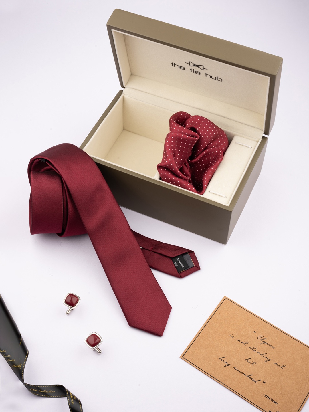 

The Tie Hub Men Necktie & Pocket Square With Cufflinks Set, Maroon