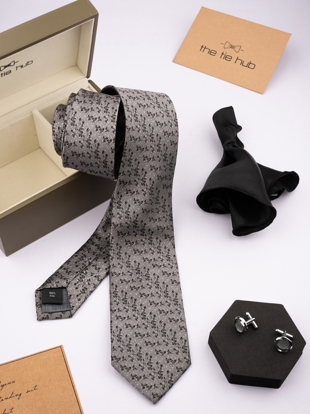 

The Tie Hub Men Printed Necktie With Pocket Square & Cufflink Set, Grey