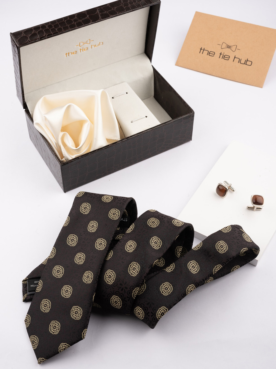 

The Tie Hub Men Printed Accessory Gift Set, Brown