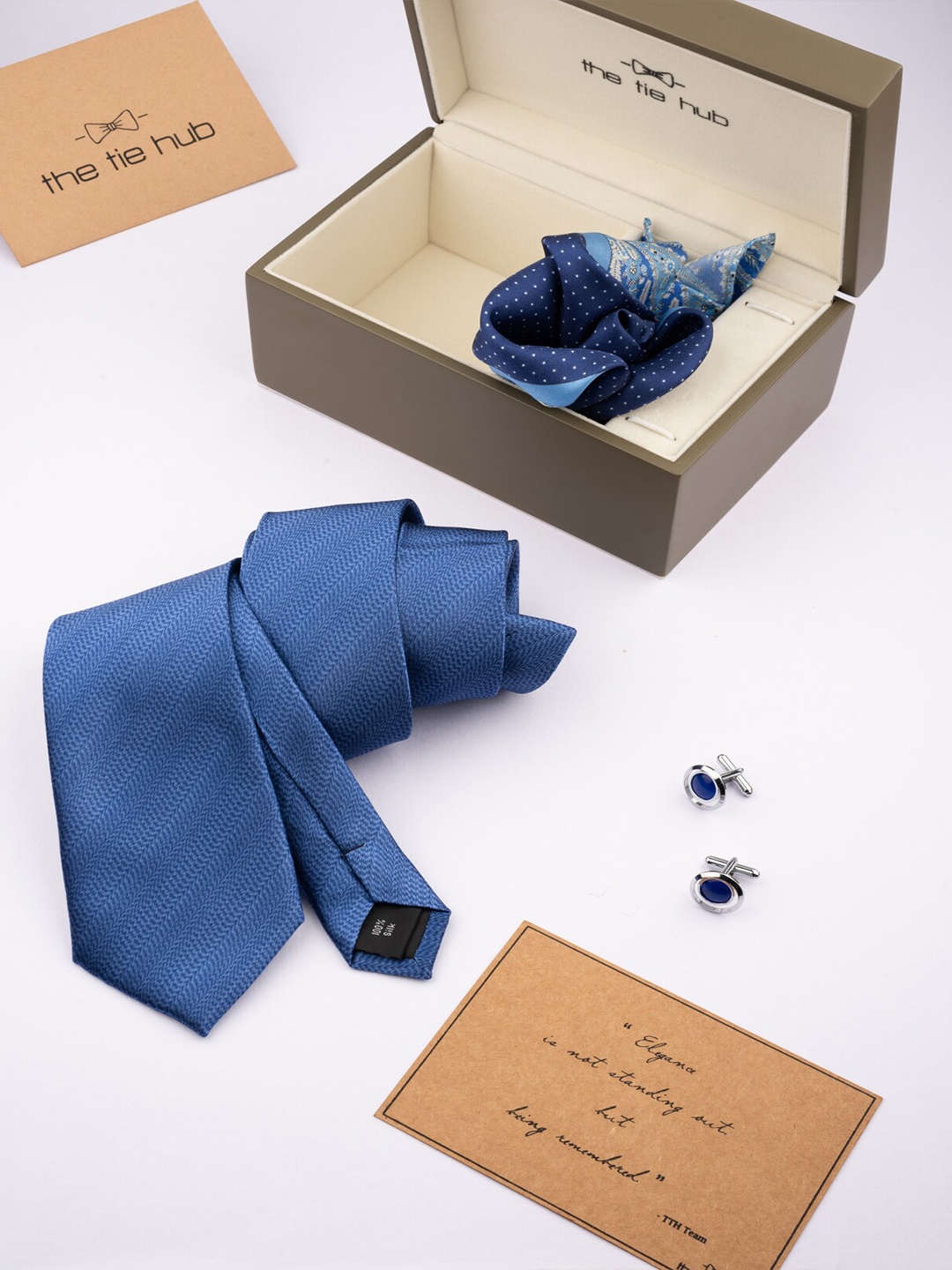 

The Tie Hub Men Printed Necktie With Pocket Square & Cufflink Gift Set, Blue