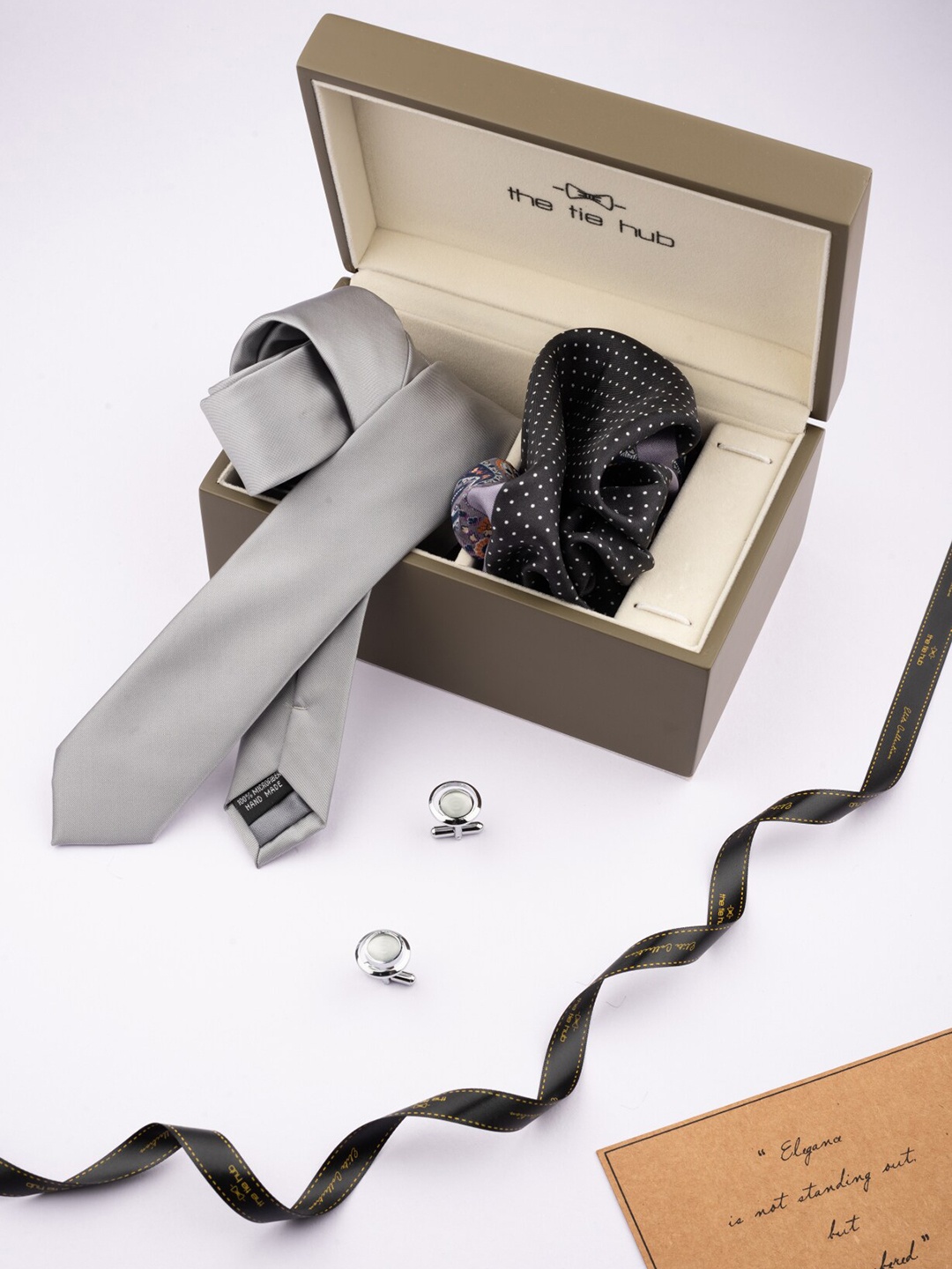 

The Tie Hub Men Printed Necktie With Pocket Square & Cufflink Gift Set, Silver