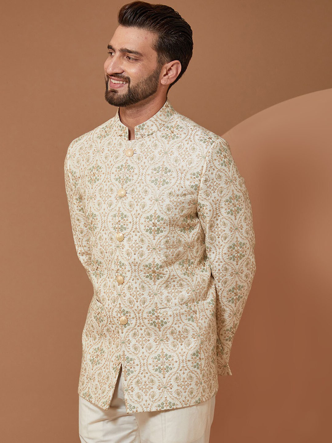 

KASBAH CLOTHING NISHCHAIY SAJDEH Floral Embroidered Mandarin Collar Nehru Jacket, Cream