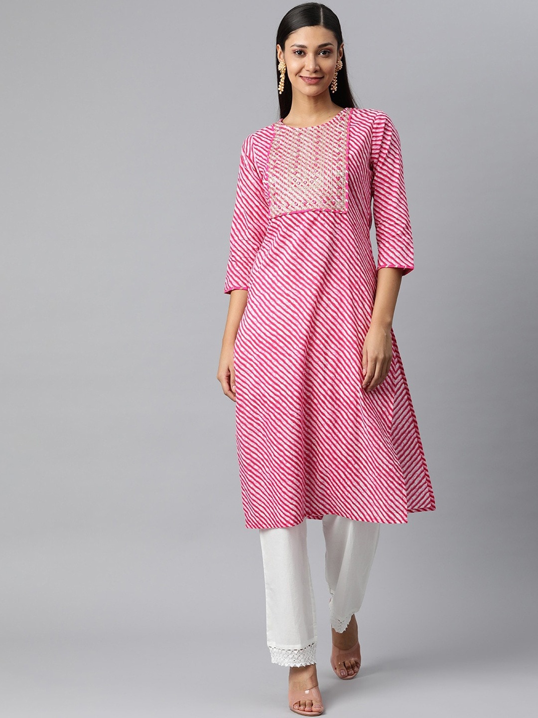 

Hatheli Leheriya Printed Thread Work Straight Pure Cotton Kurta, Pink