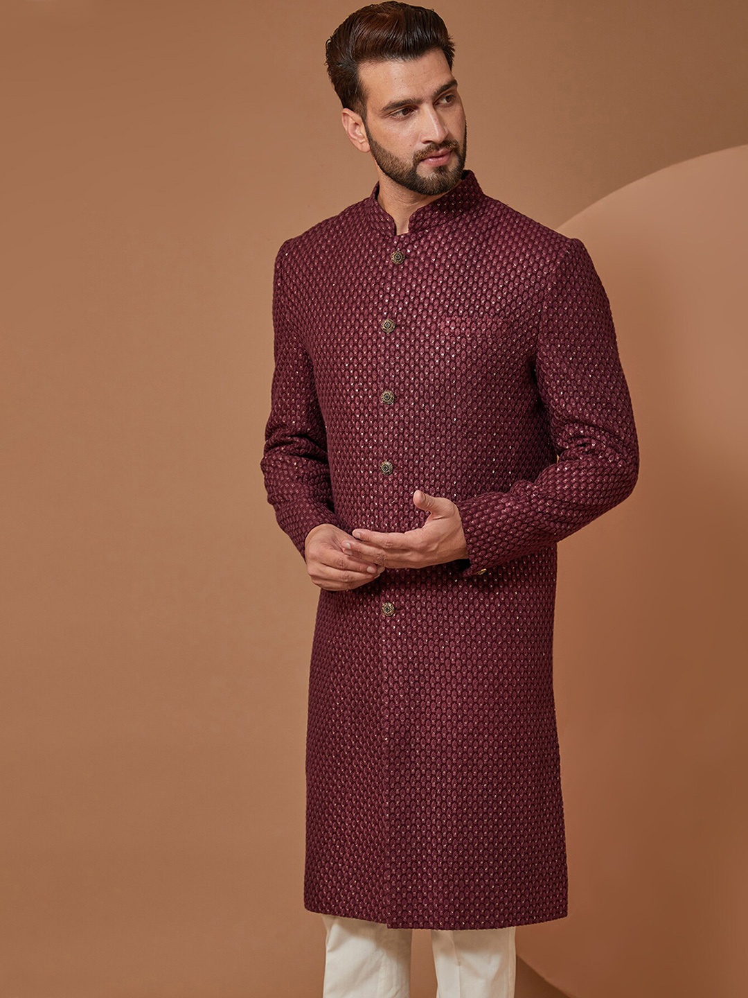 

KASBAH CLOTHING NISHCHAIY SAJDEH Ethnic Motifs Embroidered Sherwani Set, Maroon