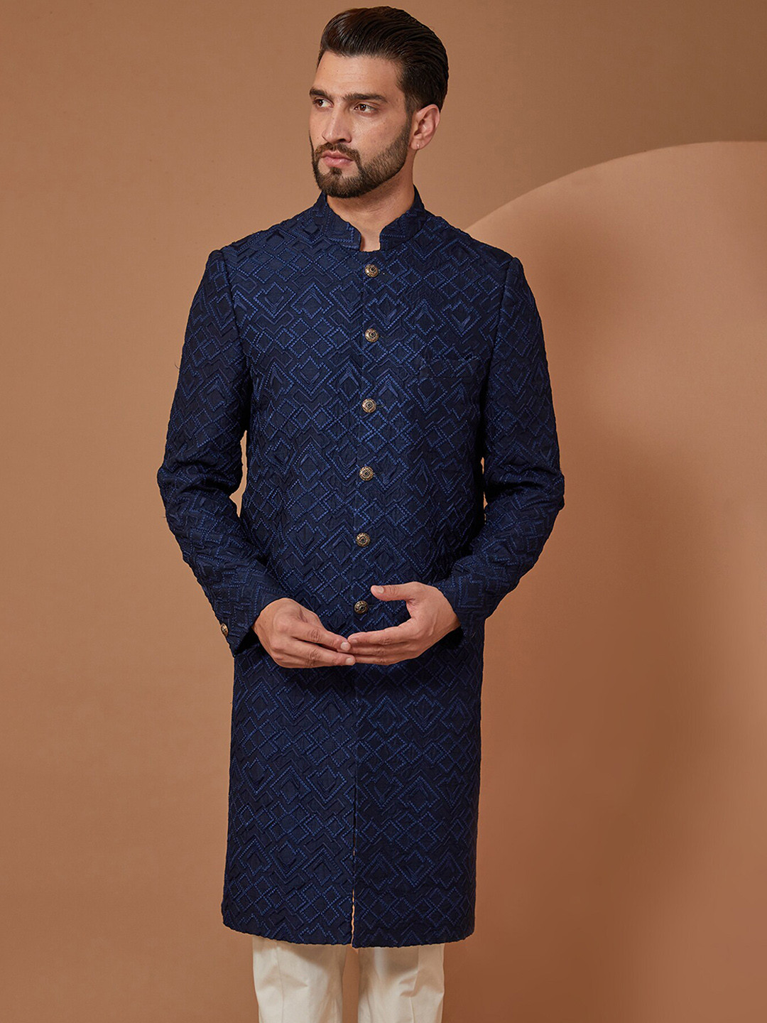 

KASBAH CLOTHING NISHCHAIY SAJDEH Geometric Embroidered Silk Sherwani Set, Blue