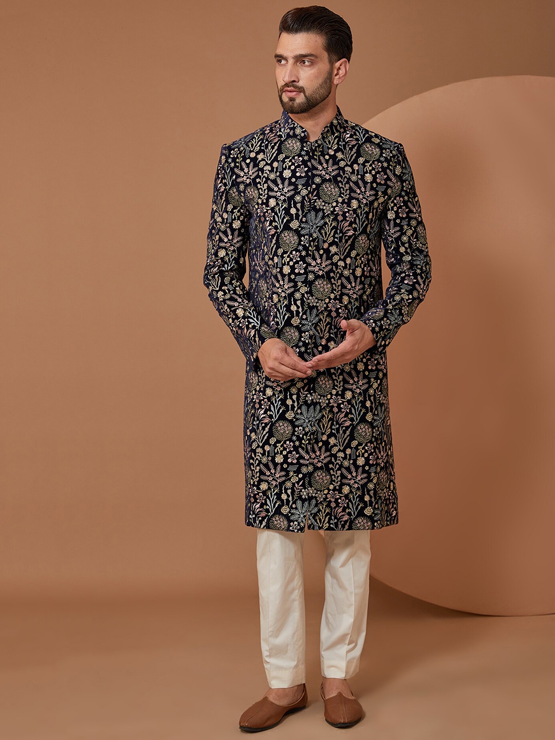 

KASBAH CLOTHING NISHCHAIY SAJDEH Floral Embroidered Sherwani Set, Blue