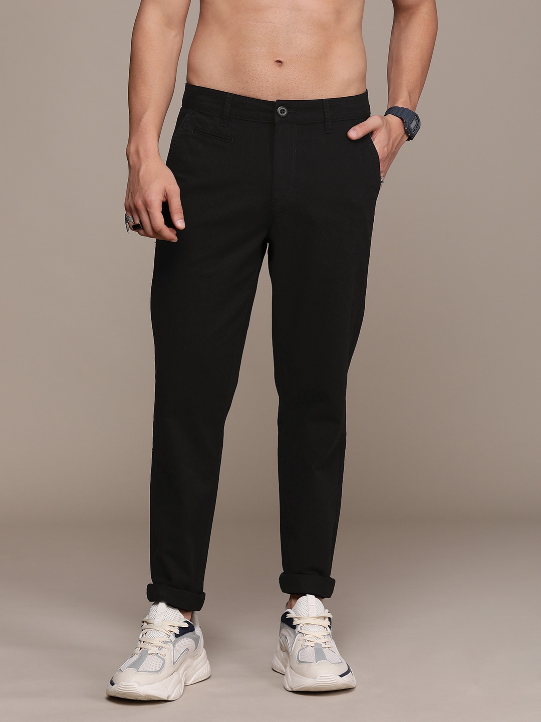 

The Roadster Life Co. Pure Cotton Chinos Trousers, Black