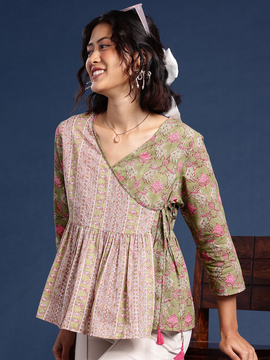

Taavi Sanganeri Ethnic Motifs Printed Pure Cotton Angrakha Kurti, Olive
