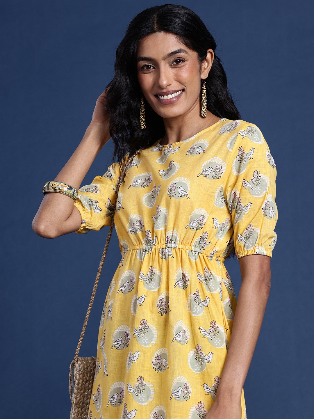 

Taavi Pure Cotton Printed A-Line Gulli sanganeri Ethnic Dress, Yellow