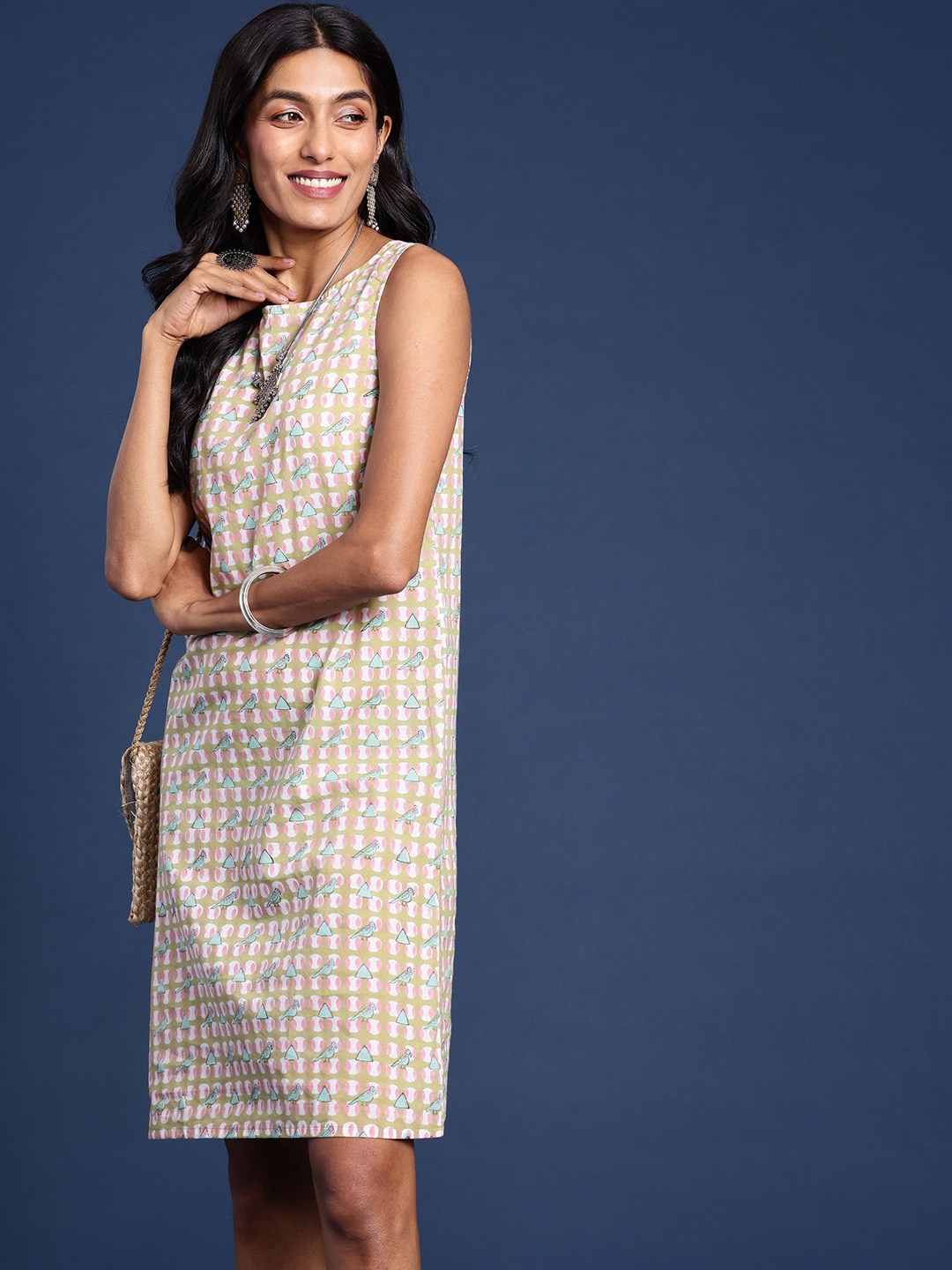 

Taavi Pure Cotton Sleeveless Gulli Sanganeri Ethnic Dress, Green