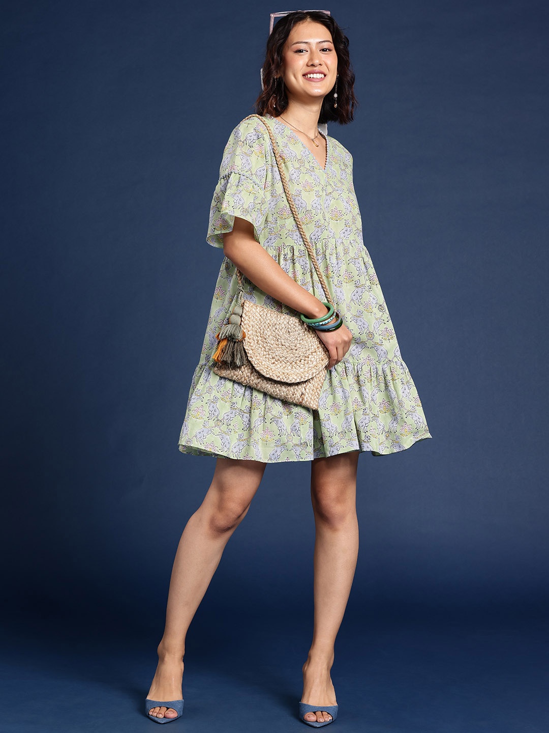 

Taavi Gulli Sanganeri Block Print Bell Sleeve A-Line Tiered Dress, Green