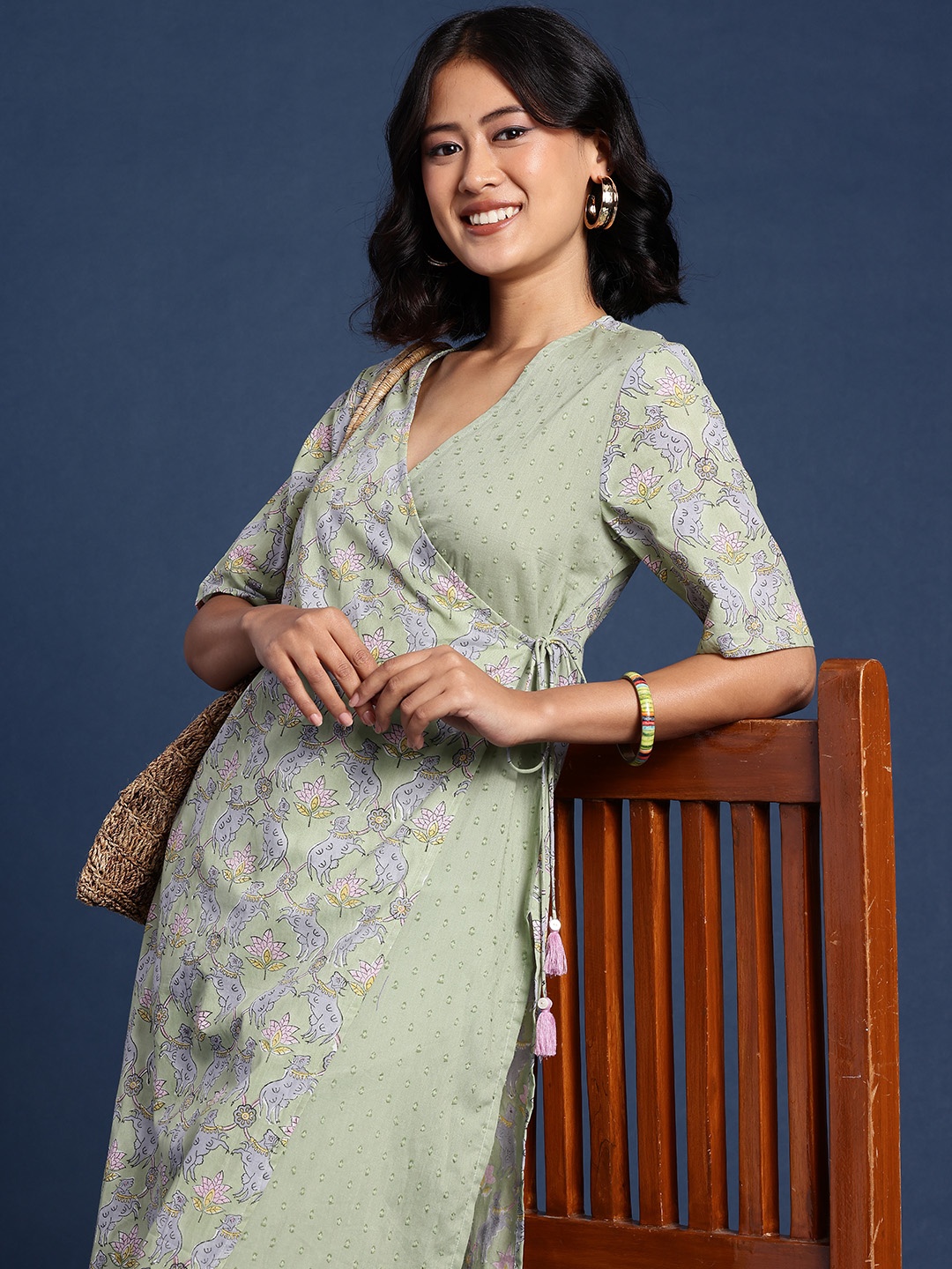 

Taavi Sanganeri Block Printed Pure Cotton Angrakha Kurta, Olive