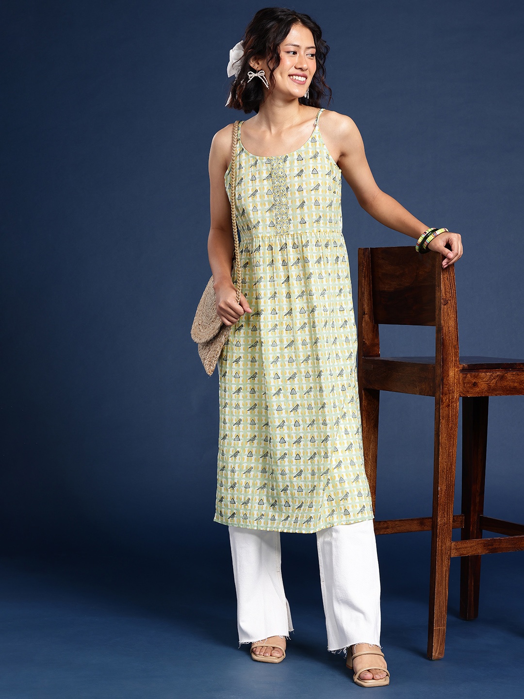 

Taavi Sanganeri Pure Cotton High Slit Ethnic Motifs Printed Kurta, Green