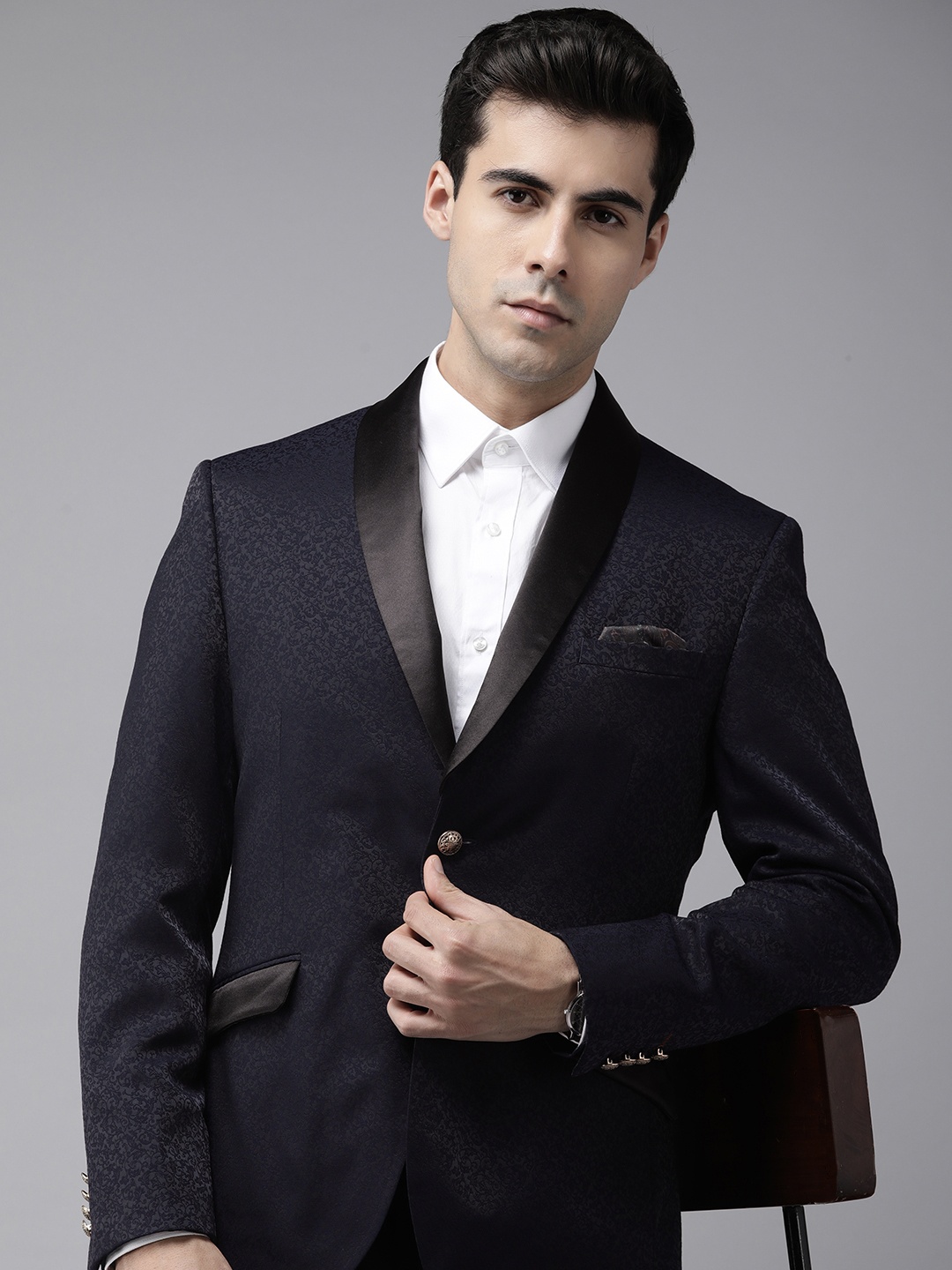 

V Dot Self Design Skinny Fit Detachable Shawl Collar Single-Breasted Formal Blazer, Navy blue