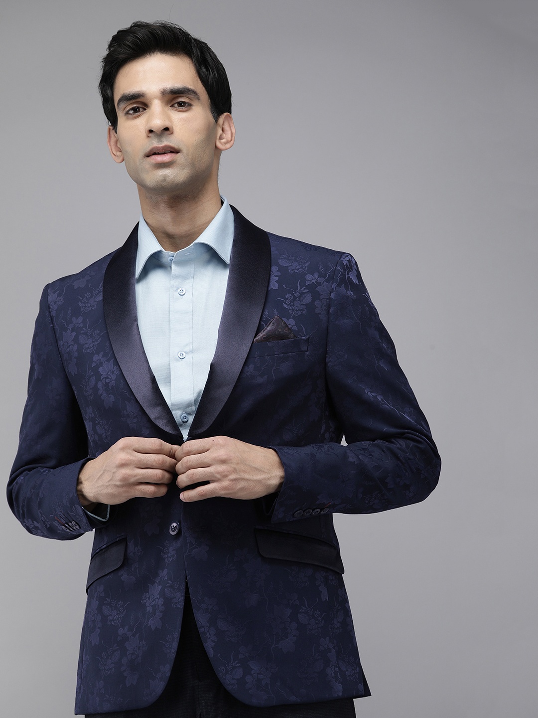 

V Dot Self Design Skinny Fit Detachable Shawl Collar Single-Breasted Formal Blazers, Navy blue