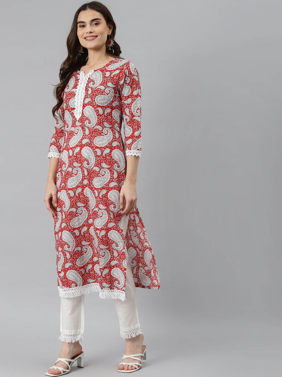 

Hatheli Paisley Pure Cotton Straight Kurta, Red