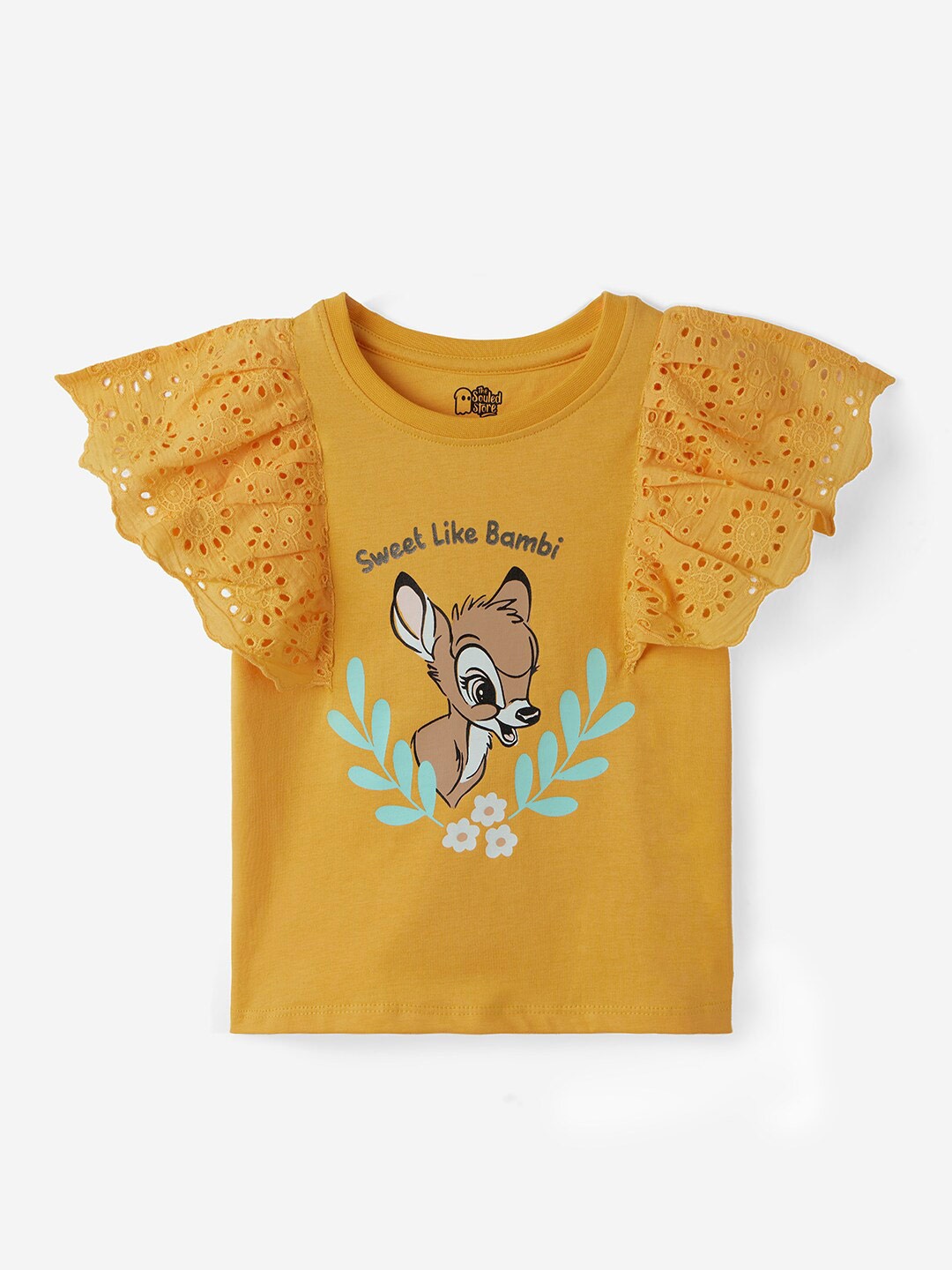

The Souled Store Girls Mustard Yellow Printed Flutter Sleeves Pure Cotton Top