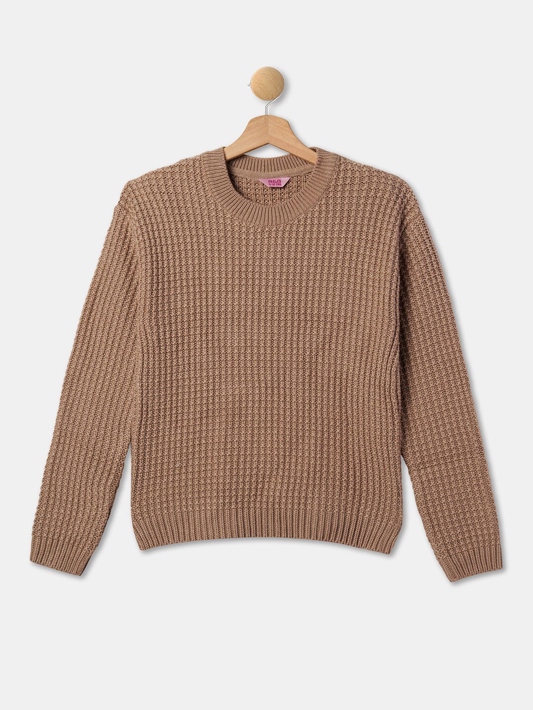 

R&B Girls Ribbed Round Neck Long Sleeves Acrylic Pullover Sweater, Brown