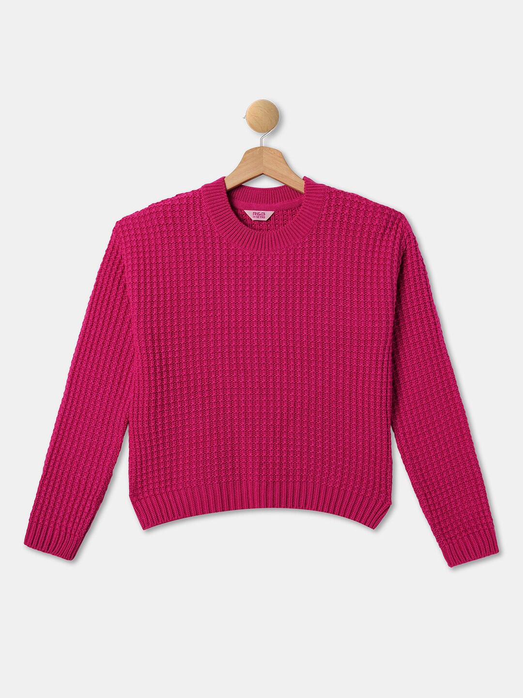 

R&B Girls Ribbed Round Neck Long Sleeves Pullover Sweater, Fuchsia