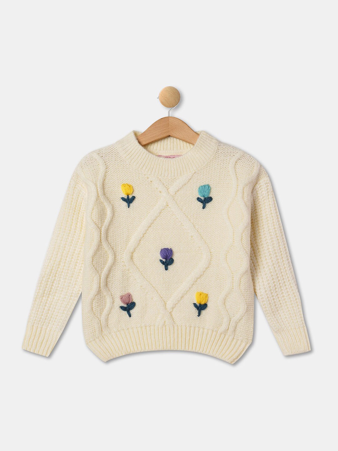 

R&B Girls Floral Embroidered Acrylic Pullover, White