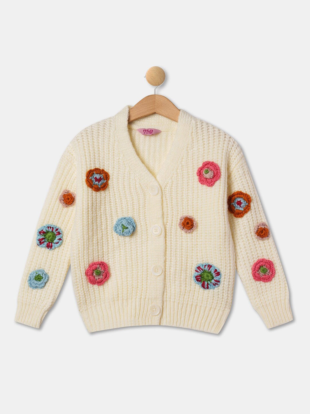 

R&B Girls Floral Embroidered Acrylic Cardigan, White