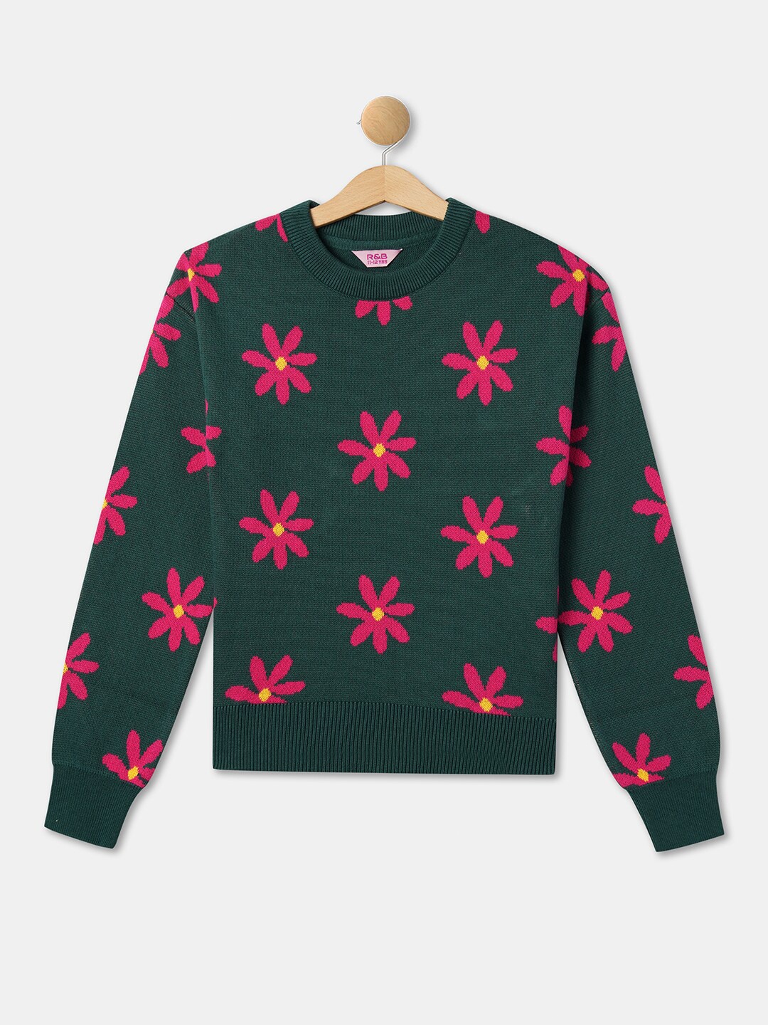 

R&B Girls Floral Printed Acrylic Pullover, Green