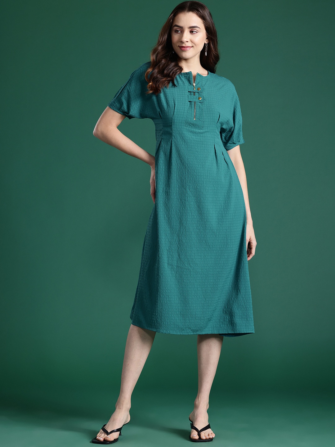 

DressBerry Solid Puff Sleeve A-Line Midi Dress, Teal