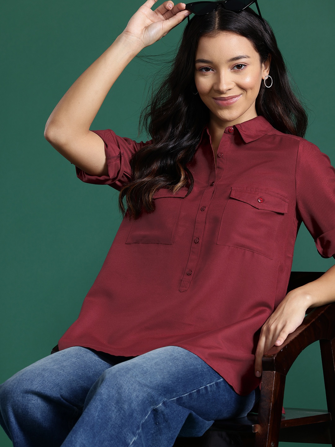 

DressBerry Roll-Up Sleeves Shirt Style Top, Maroon