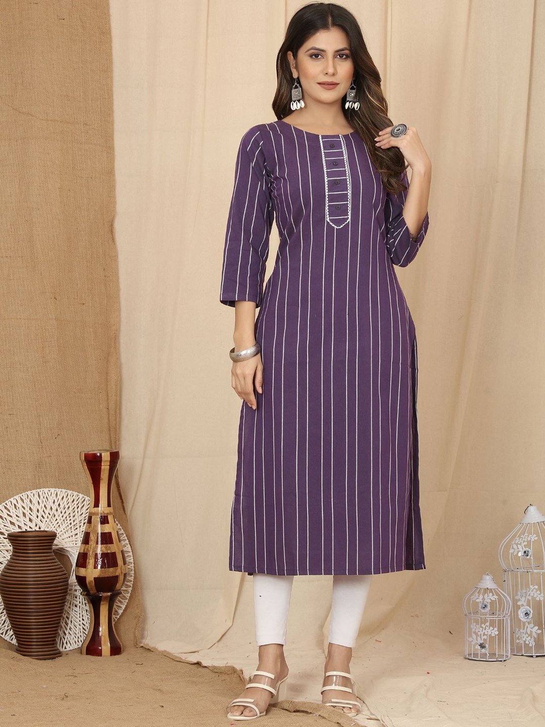 

KALINI Striped Boat Neck Cotton Kurta, Purple