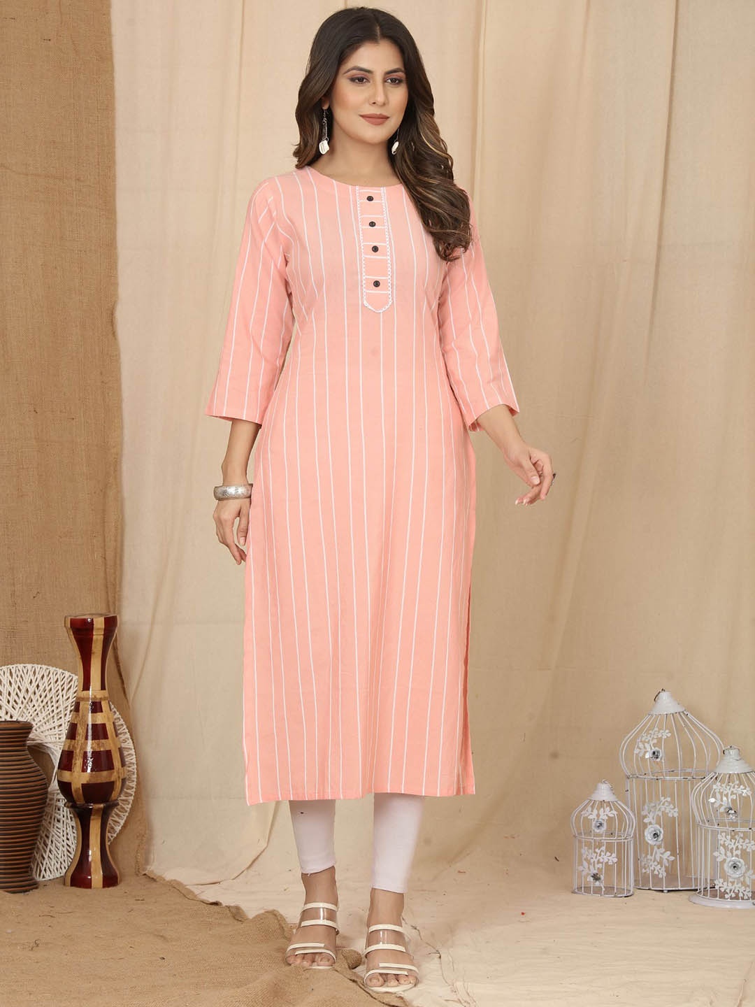 

KALINI Striped Round Neck Cotton Kurta, Peach