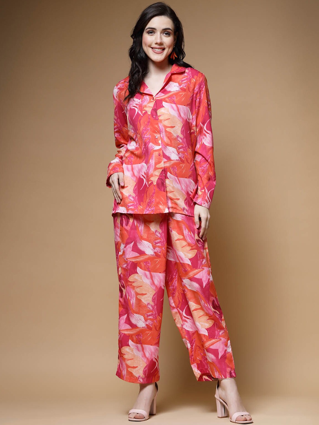 

plusS Pink Printed Long Sleeves Shirt With Trousers