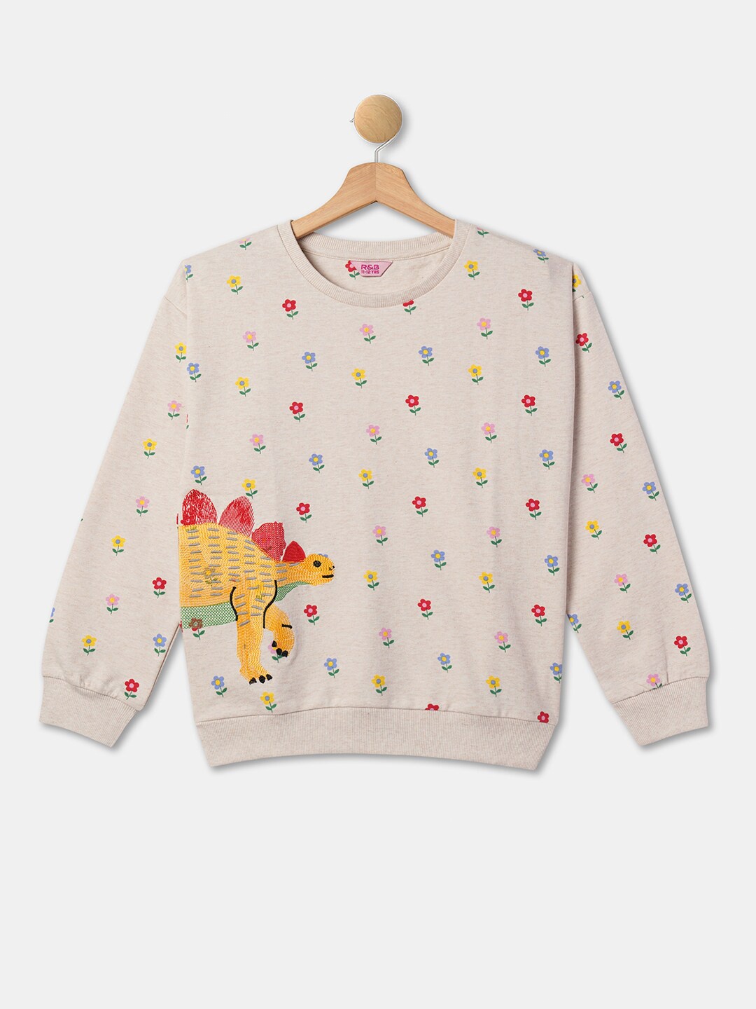 

R&B Girls Floral Printed Embroidered Cotton Sweatshirt, Beige