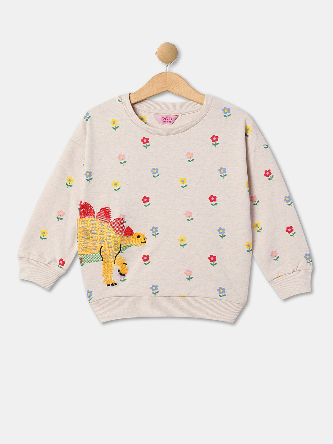 

R&B Girls Floral Printed Embroidered Cotton Sweatshirt, Beige