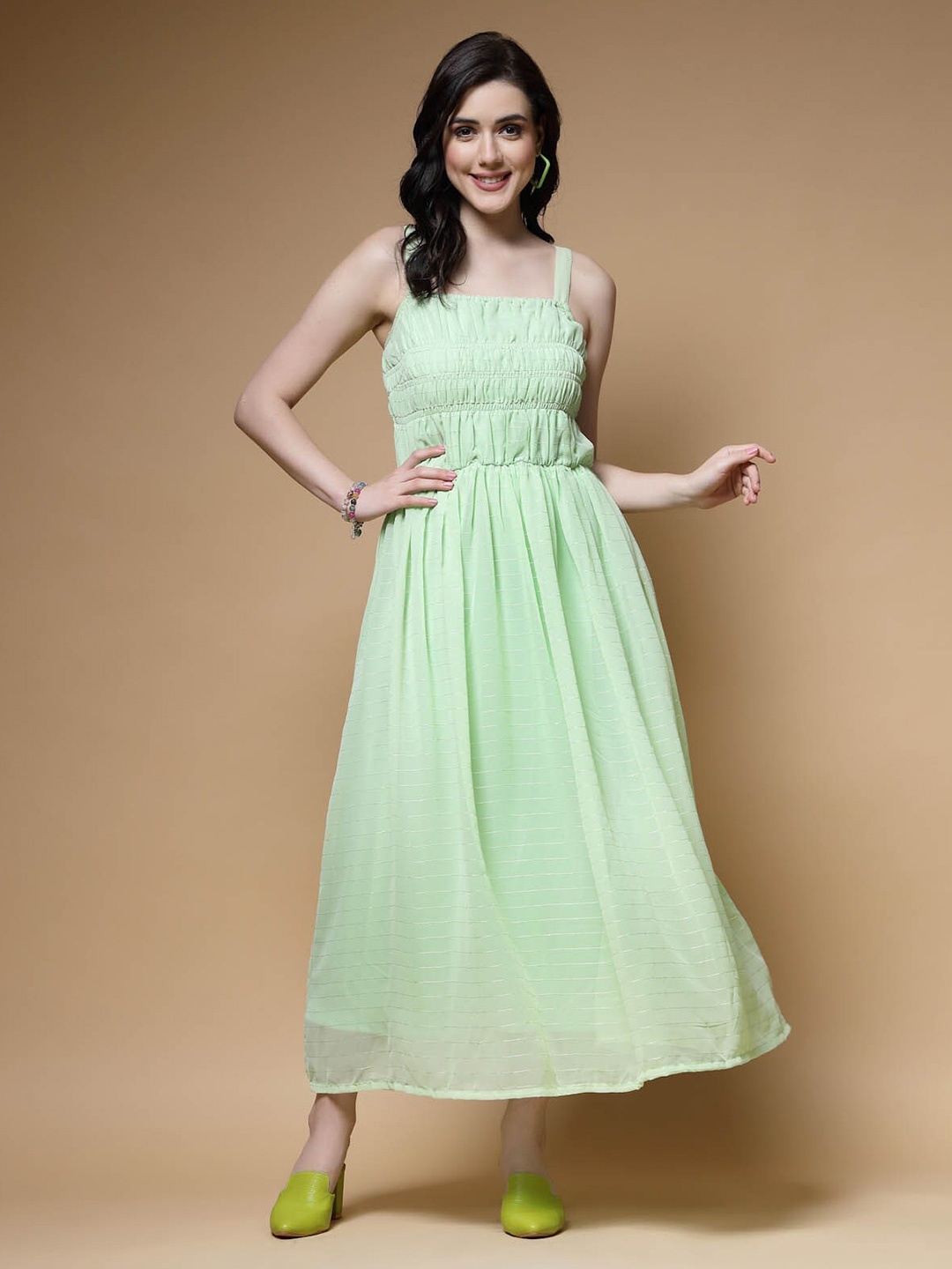 

plusS Sea Green Shoulder Straps Gathered Smocked Maxi Dress