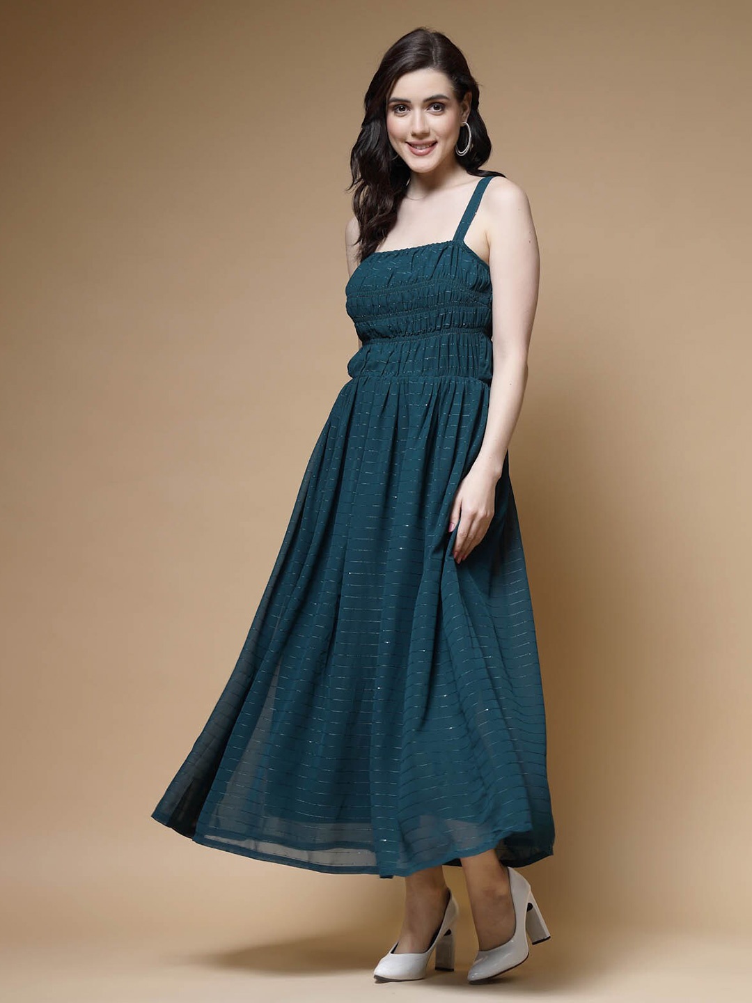 

plusS Teal Blue Striped Embellished Shoulder Straps Gathered & Tiered Detail Maxi Dress