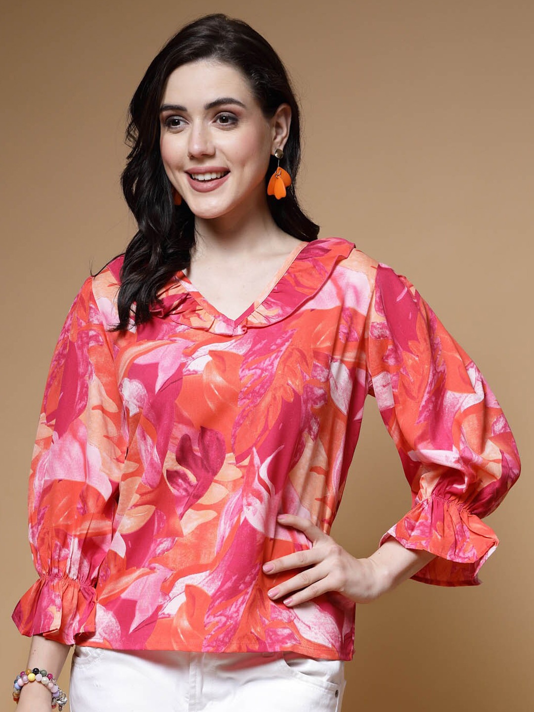 

plusS Abstract Printed Bell Sleeve Regular Top, Pink