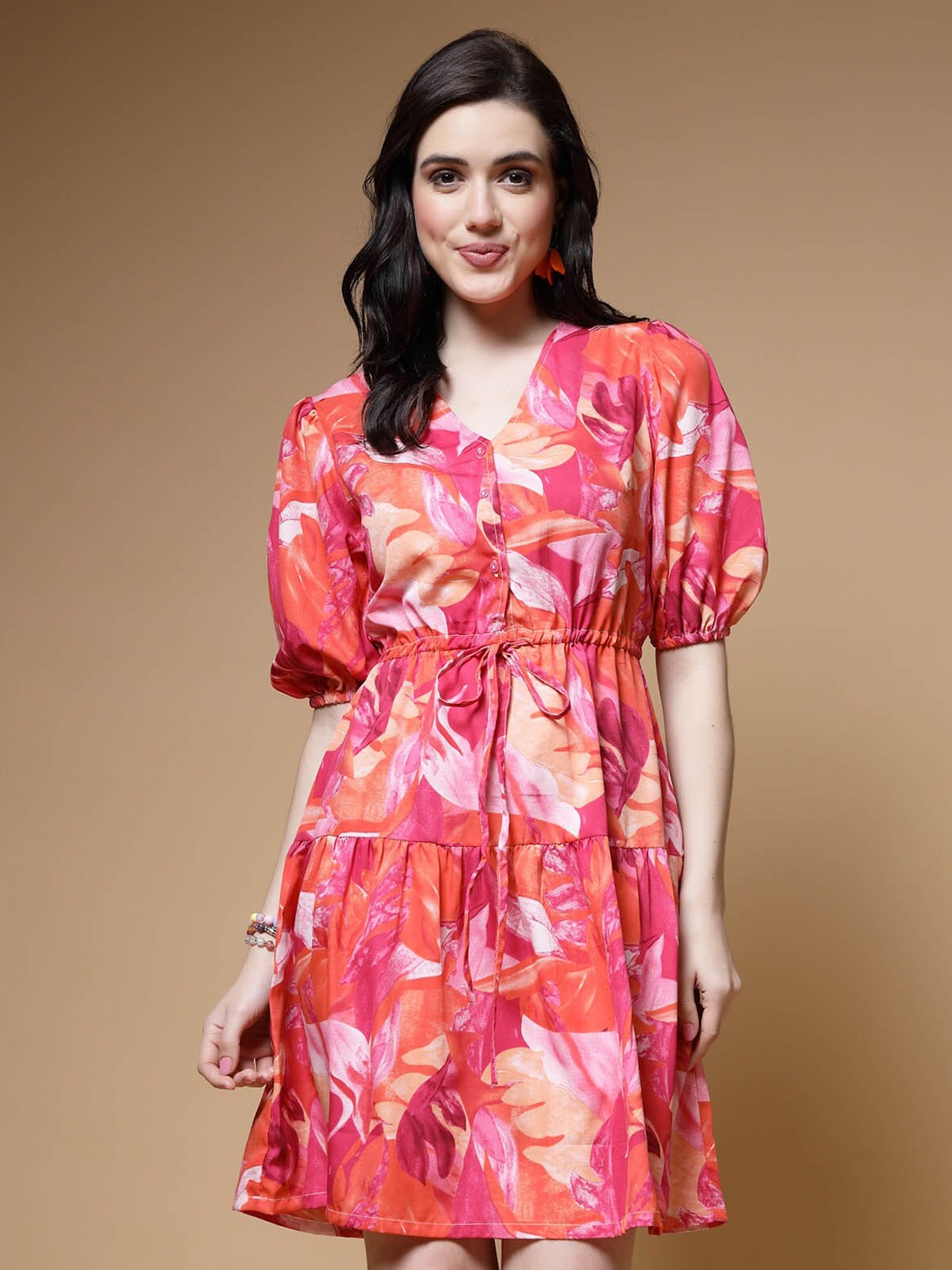 

plusS Pink Floral Printed Puff Sleeves Gathered Fit & Flare Dress