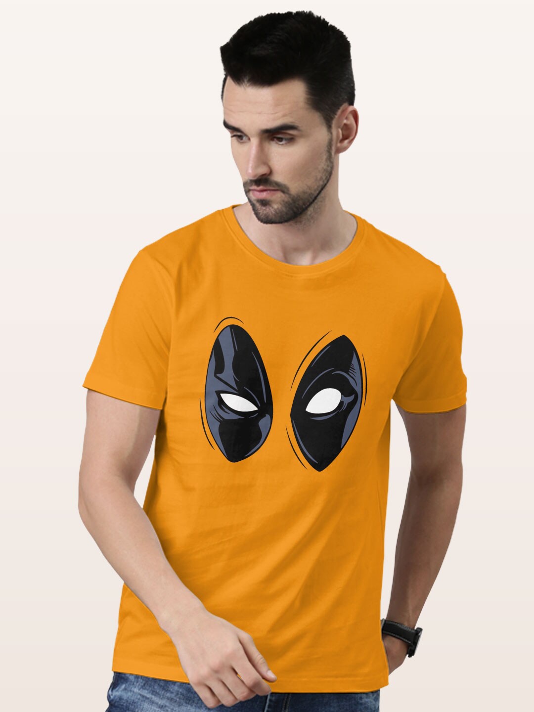 

macmerise Deadpool Gaze Printed Round Neck Bio Finish Cotton T-shirt, Yellow