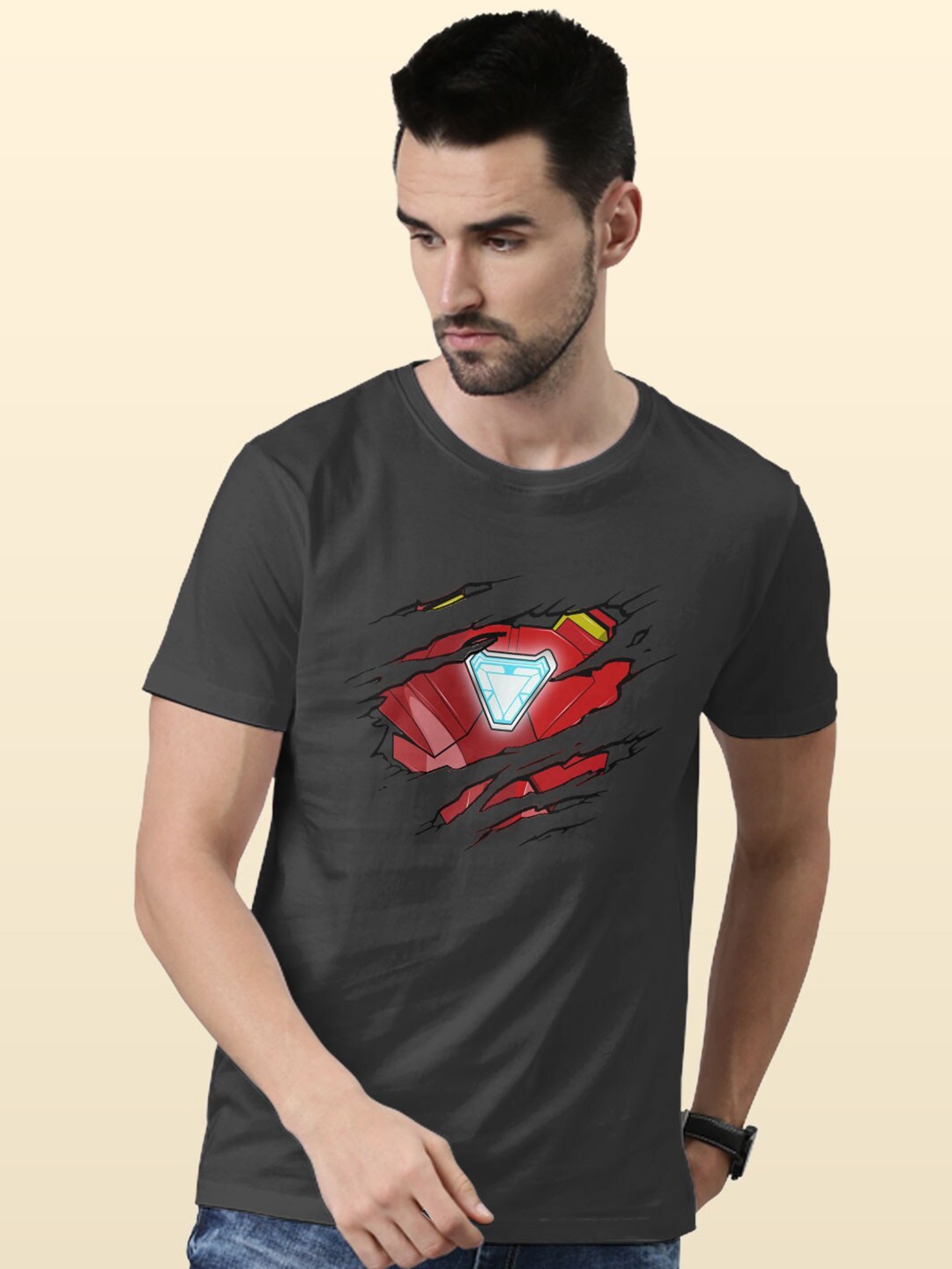 

macmerise Iron Man Printed Bio Finish Cotton T-shirt, Grey
