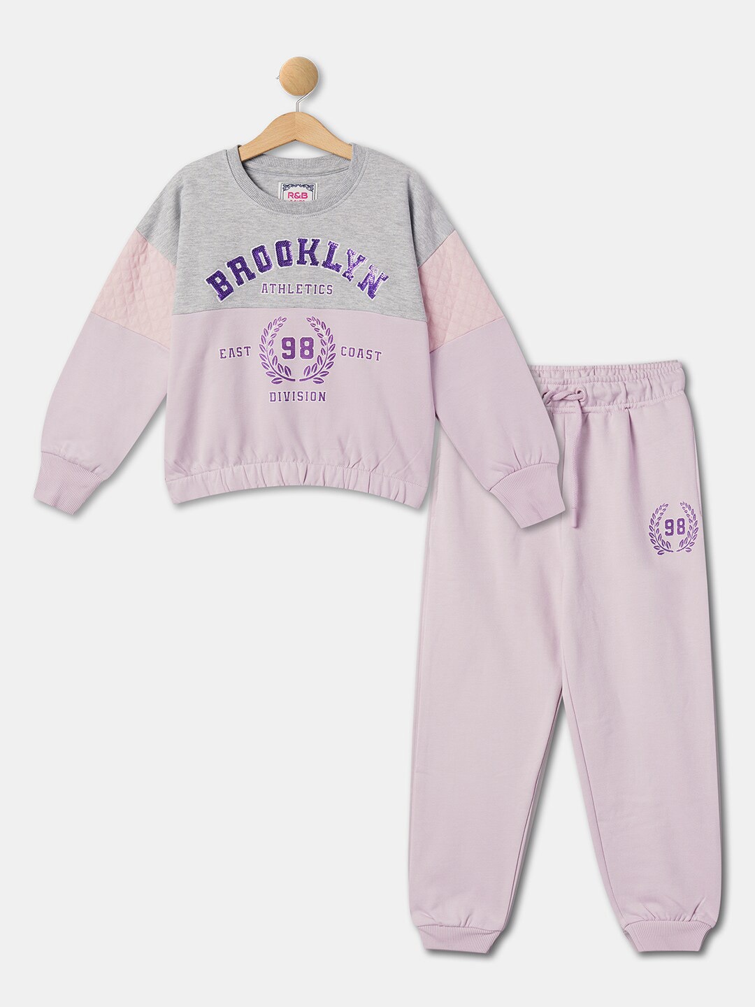 

R&B Girls Typography Printed Pure Cotton T-shirt with Trousers, Purple