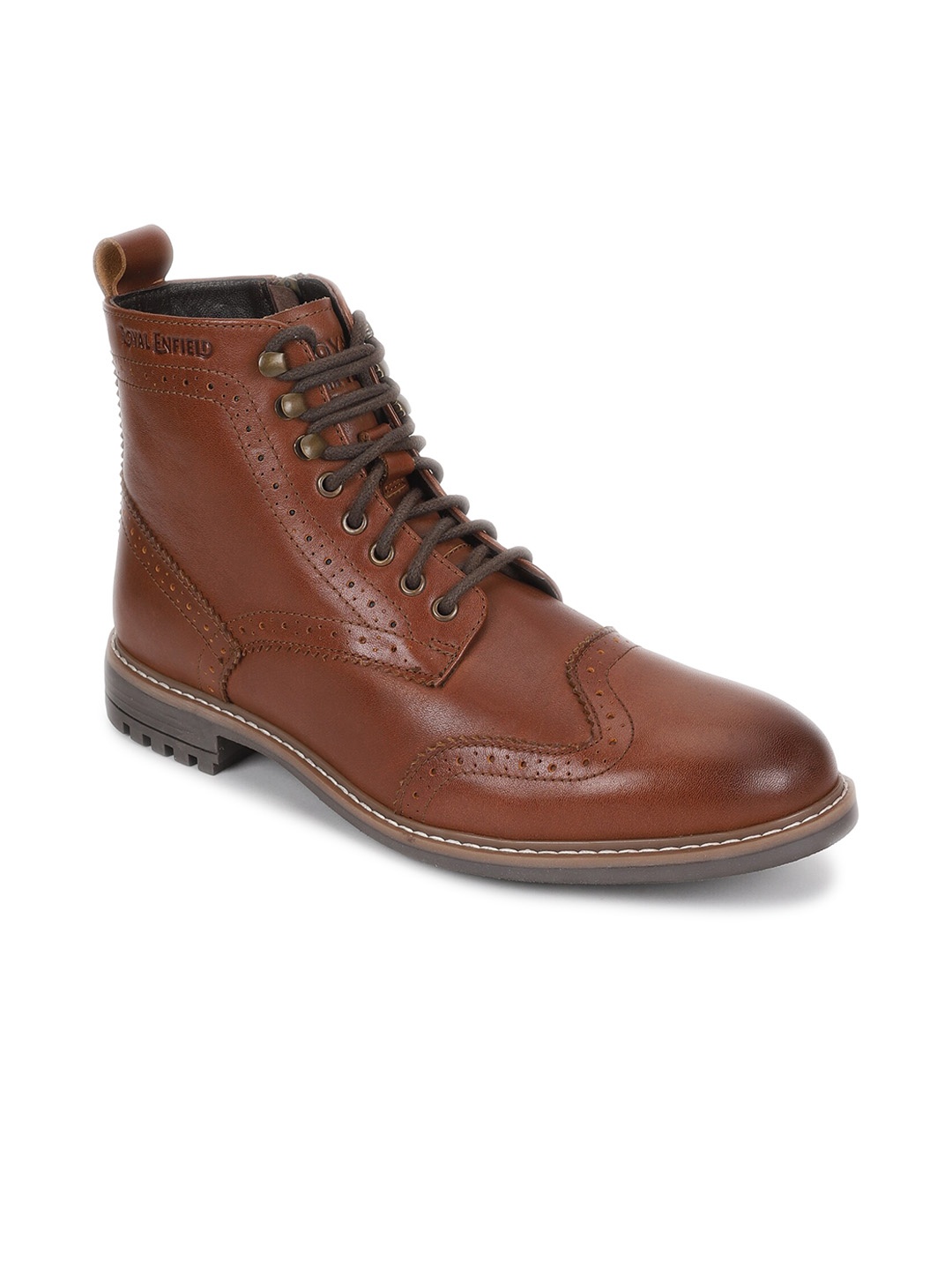 

Royal Enfield Men Torque Perforated Leather Mid-Top Regular Boots, Tan