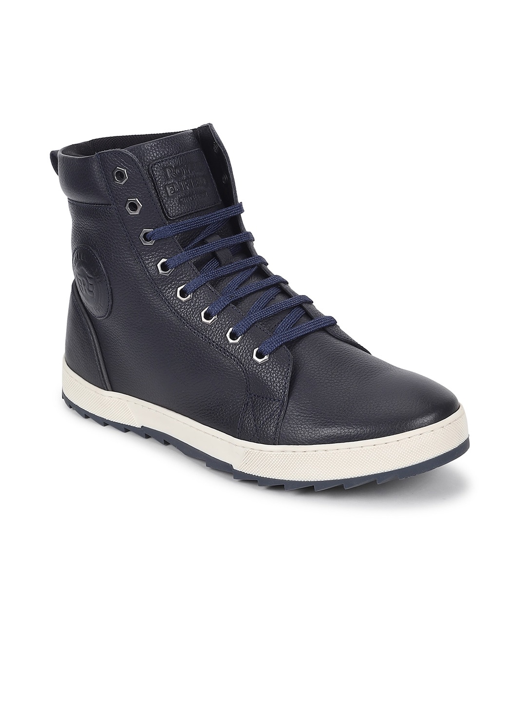 

Royal Enfield Men Textured Leather Mid-Top Regular Boots, Navy blue