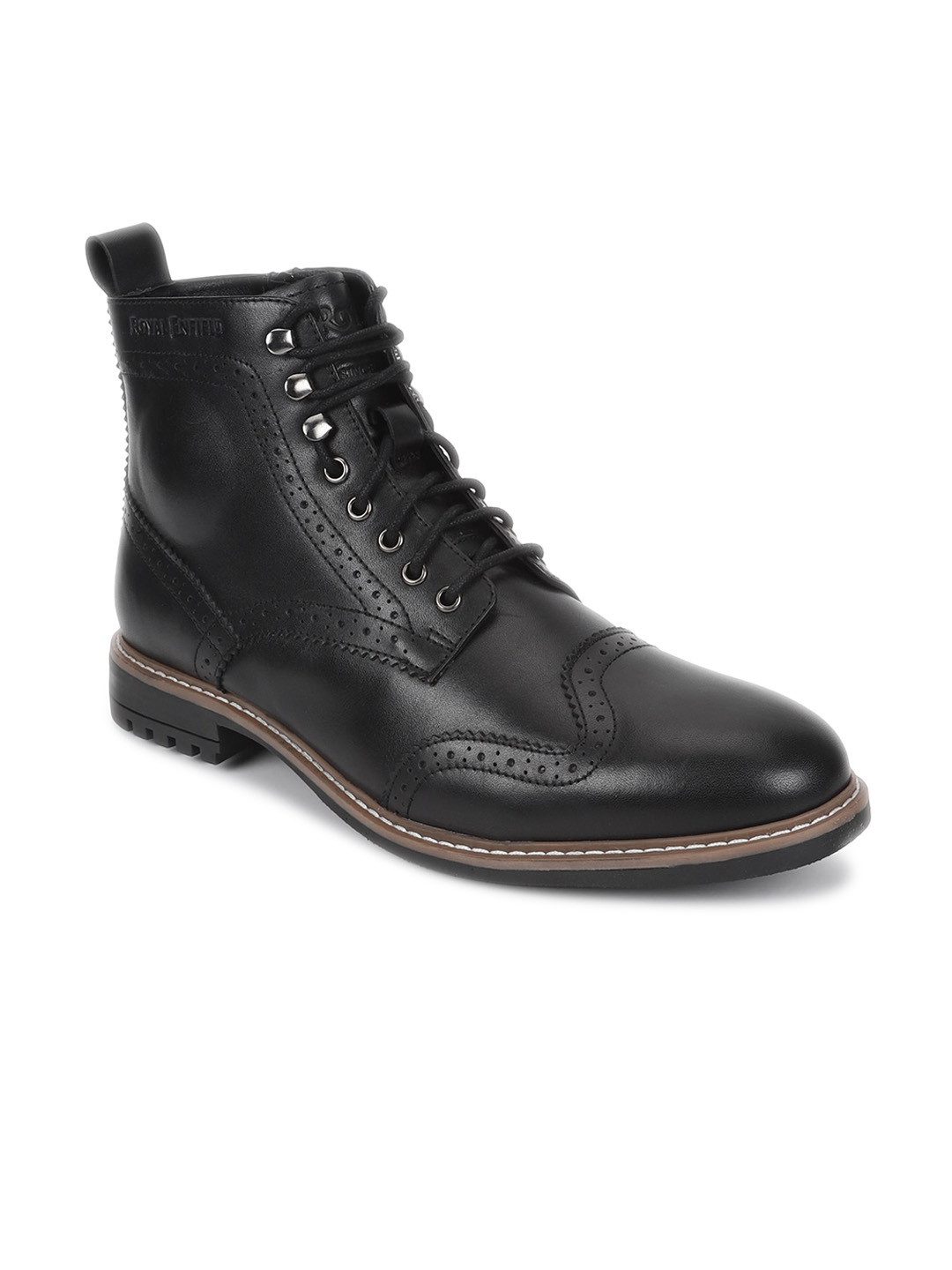 

Royal Enfield Men Torque Perforated Leather Mid-Top Regular Boots, Black
