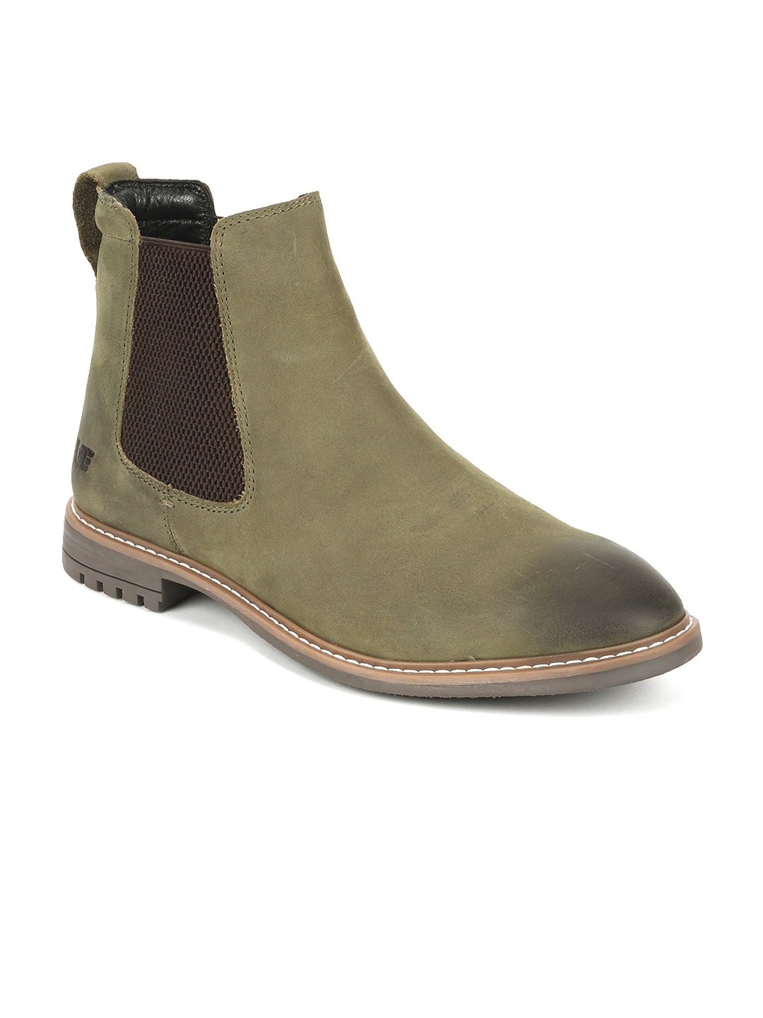 

Royal Enfield Men Leather Mid-Top Chelsea Boots, Olive